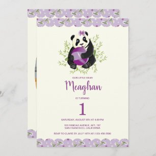 Elegant Panda Girly 1st Birthday Pale Lilac Ivory Invitation