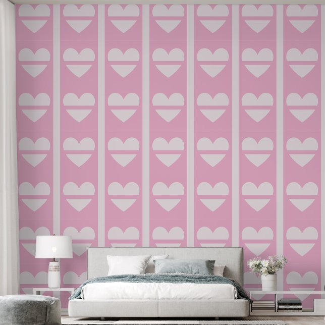 Elegant Panels of Halved Hearts Soft Pastel Pink Wallpaper (Bedroom)