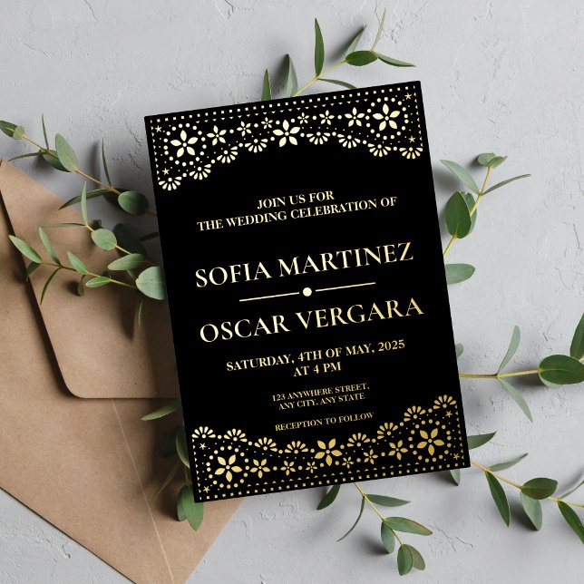 Elegant Papel Picado Black and Gold Foil Invitation (Creator Uploaded)