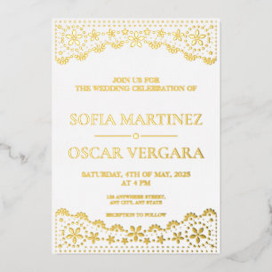 Elegant Papel Picado White and Gold Wedding Foil Invitation