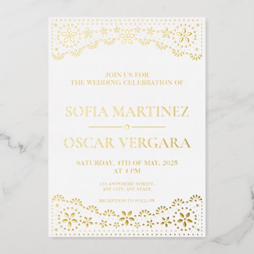Elegant Papel Picado White and Gold Wedding Foil Invitation