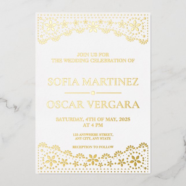 Elegant Papel Picado White and Gold Wedding Foil Invitation (Front)