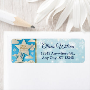 Elegant Papercut Angel, Star Blue Winter Christmas Label