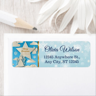 Elegant Papercut Angel, Star Blue Winter Christmas Label