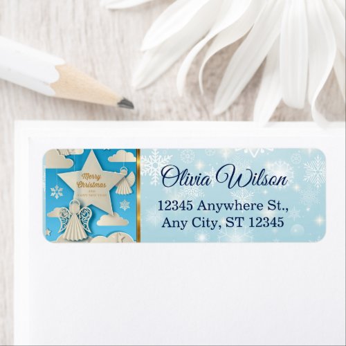 Elegant Papercut Angel, Star Blue Winter Christmas Label