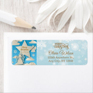 Elegant Papercut Angel, Star Blue Winter Christmas Label