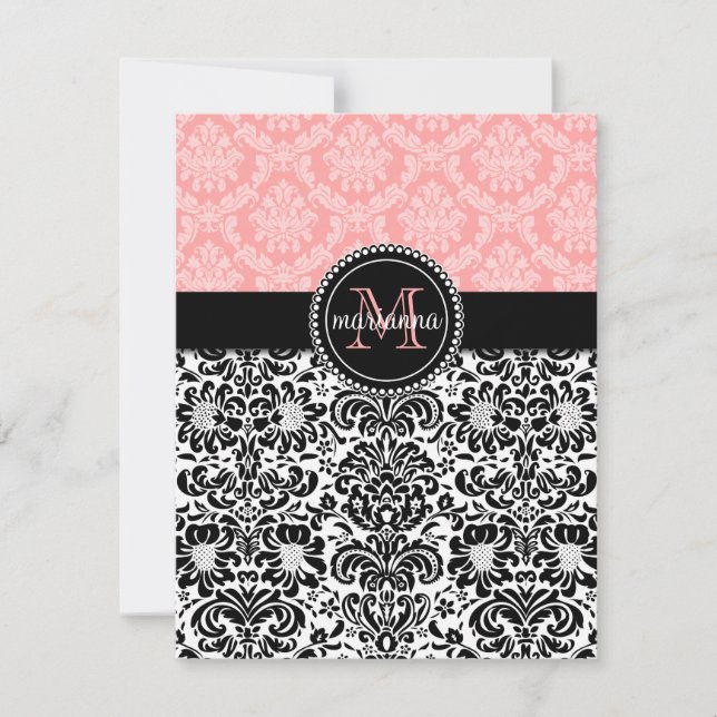Elegant Paris Baby Pink Black Damask Personalized Note Card (Front)