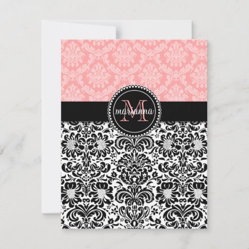 Elegant Paris Baby Pink Black Damask Personalized Note Card