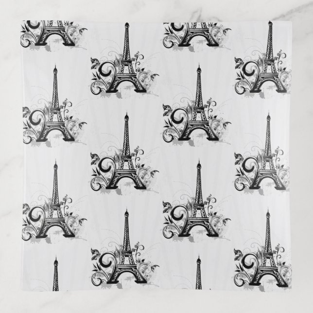 Elegant Paris Eiffel Tower Black White Flourish Trinket Tray (Front)