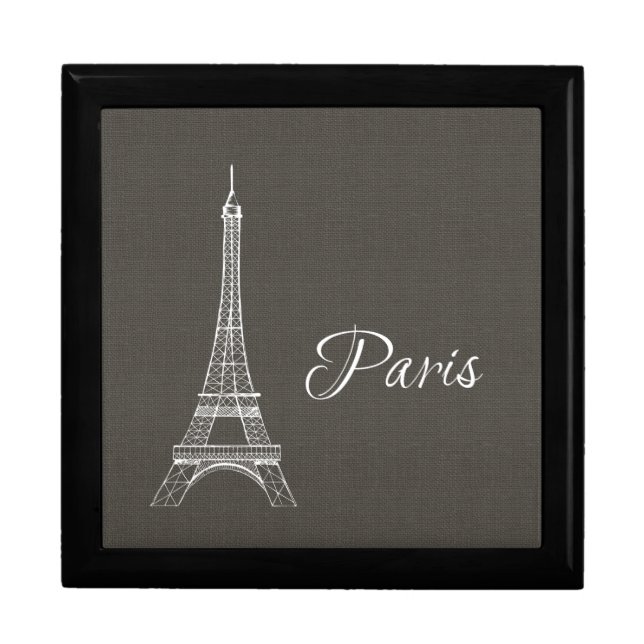 Elegant Paris Eiffel Tower Dark Gray Burlap Look Keepsake Box (Front)