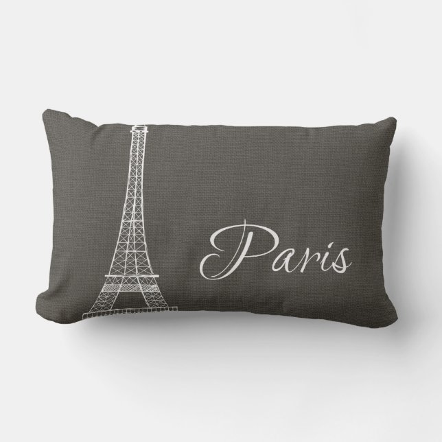 Elegant Paris Eiffel Tower Dark Gray Burlap Look Lumbar Pillow (Front)