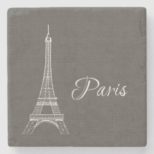 Elegant Paris Eiffel Tower Dark Gray Burlap Look Stone Coaster