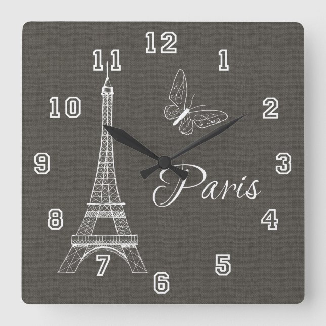 Elegant Paris Eiffel Tower Dark Gray Butterfly Square Wall Clock (Front)