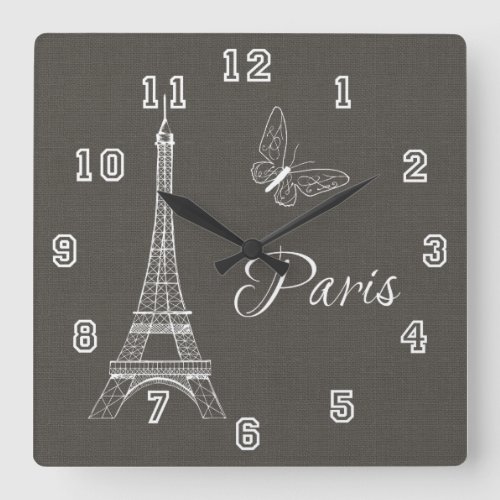 Elegant Paris Eiffel Tower Dark Gray Butterfly Square Wall Clock