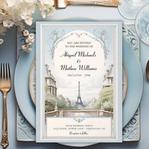 Elegant Paris Eiffel Tower Powder Blue Wedding Invitation
