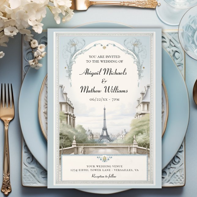 Elegant Paris Eiffel Tower Powder Blue Wedding Invitation (Creator Uploaded)