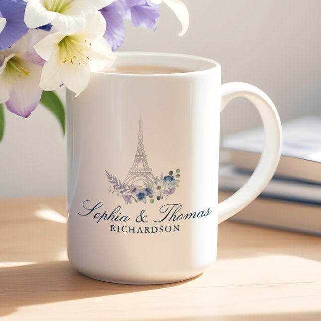 Elegant Paris Eiffel Tower Wedding Blue Floral Coffee Mug (Paris Eiffel Tower Watercolor Floral White Wedding Tote Bag)