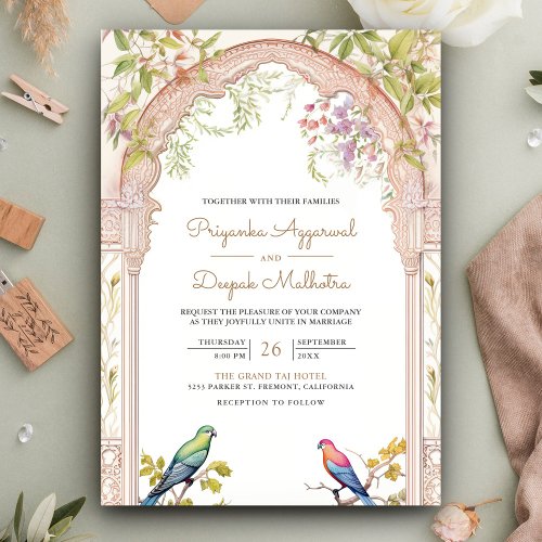 Elegant Parrots Floral Indian Arch Wedding Invitation