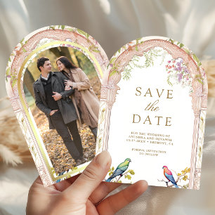 Elegant Parrots Floral Indian Arch Wedding Photo Save The Date