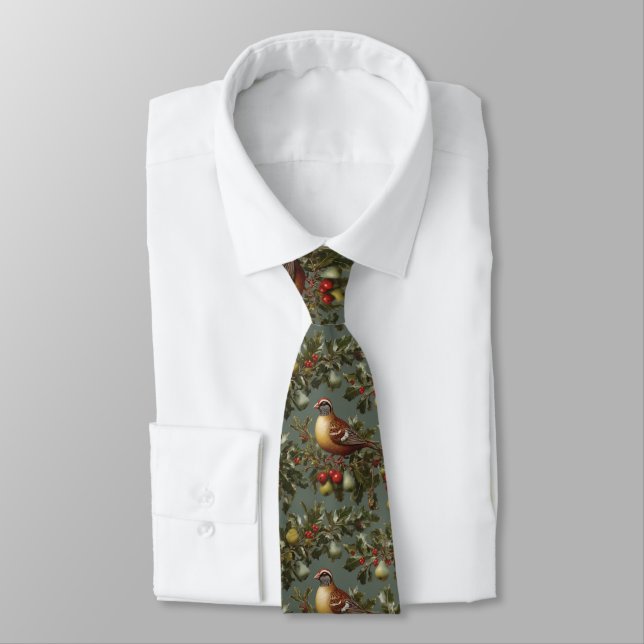 Elegant partridge in a pear tree botanical green  neck tie (Tied)