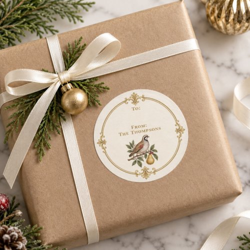Elegant Partridge Personalized Christmas Gift Labe Classic Round Sticker