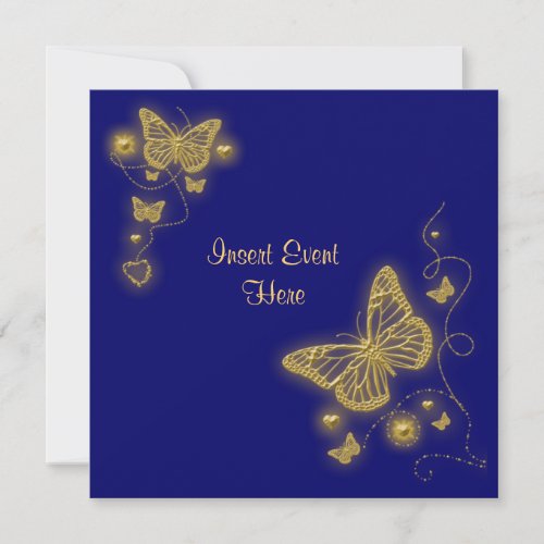 Elegant party gold butterfly heart blue royal invitation