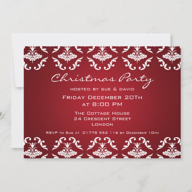 Elegant Party Invitation Floral Pattern Red (Front)