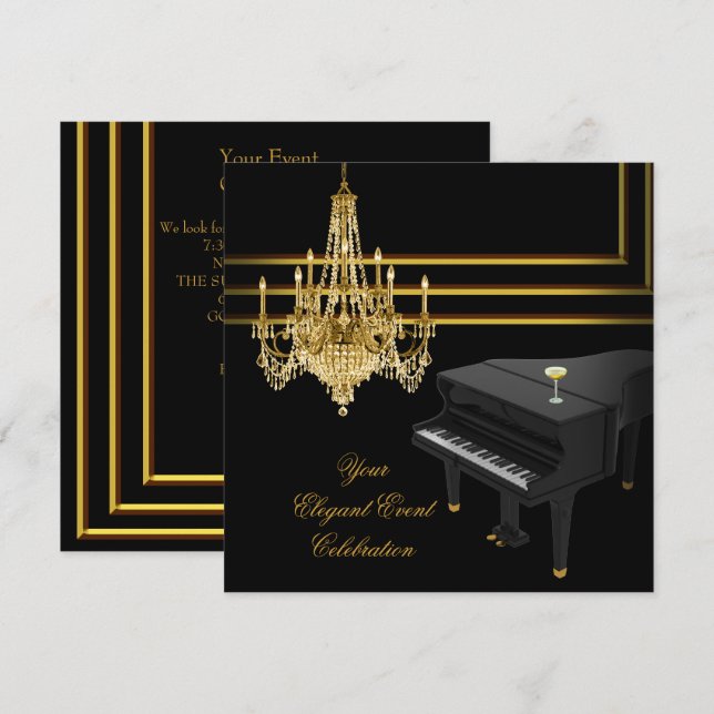 Elegant Party Piano Chandelier Gold Champagne Invitation (Front/Back)