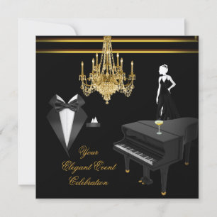Elegant Party Piano Chandelier Gold Champagne Invitation