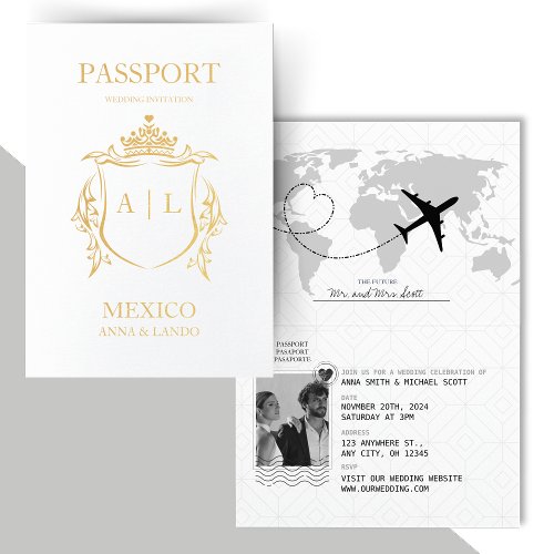 Elegant Passport Destination Wedding Black  White Foil Card