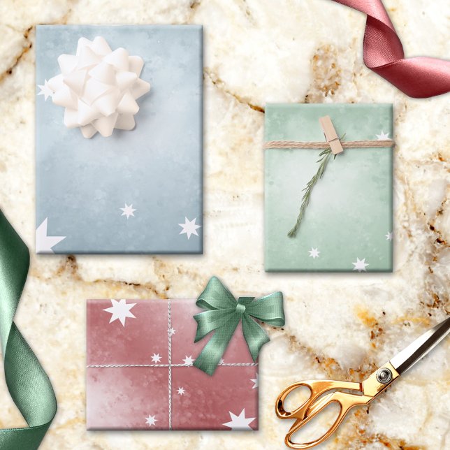 Elegant Pastel Abstract Star Pattern Christmas Wrapping Paper Sheets (Lovely pastel fantasy star pattern Christmas wrapping paper sheets in blue, red and green.)