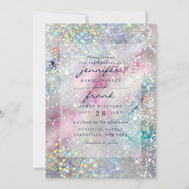 Elegant Pastel Alcohol Ink Holographic Glitter  Invitation (Front)