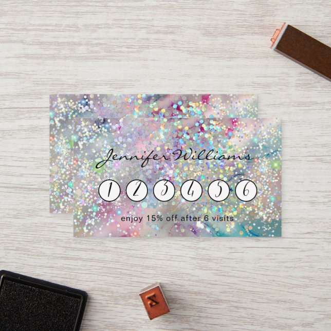 Elegant Pastel Alcohol Ink Holographic Glitter Loyalty Card (Front/Back In Situ)