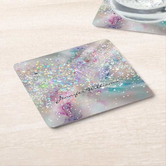 Elegant Pastel Alcohol Ink Holographic Glitter Square Paper Coaster (Angled)