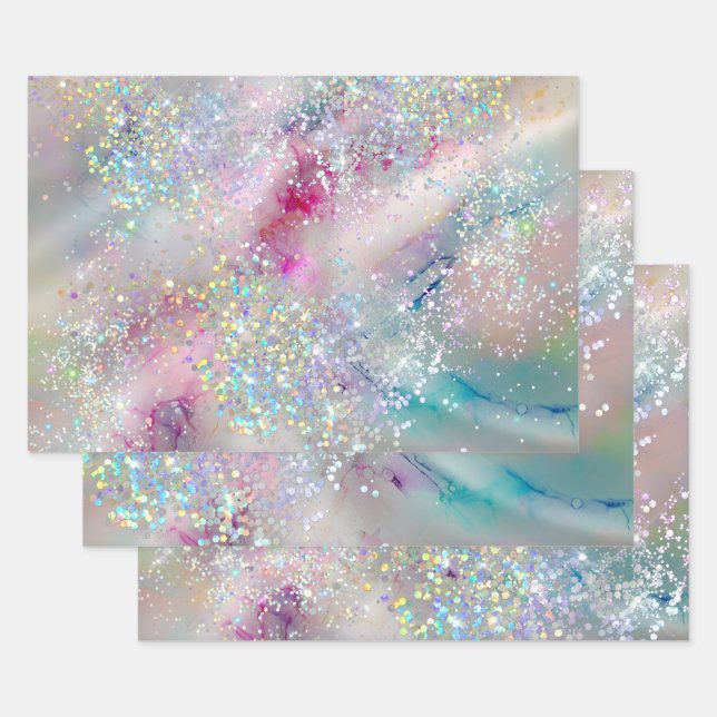 Elegant Pastel Alcohol Ink Holographic Glitter Wrapping Paper Sheets (Set)