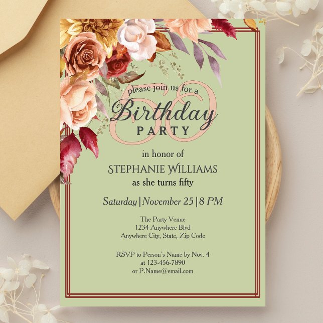 Elegant Pastel Autumn Flower 50th Birthday Party Invitation (Creator Uploaded)