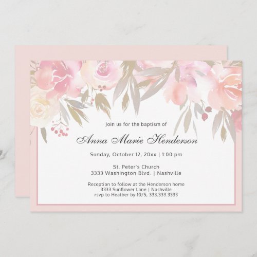 Elegant Pastel Baptism Blush Pink Floral Girl Invitation