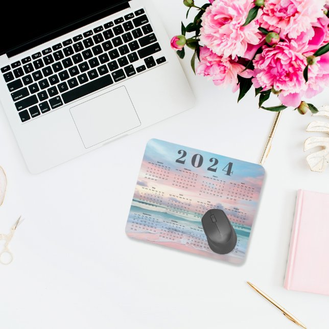 Elegant Pastel Beach Sunset 2024 Year Calendar Mouse Pad (Creator Uploaded)