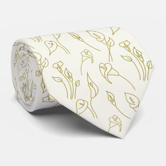 Elegant Pastel Beige Golden Calla Lily Line Art Neck Tie
