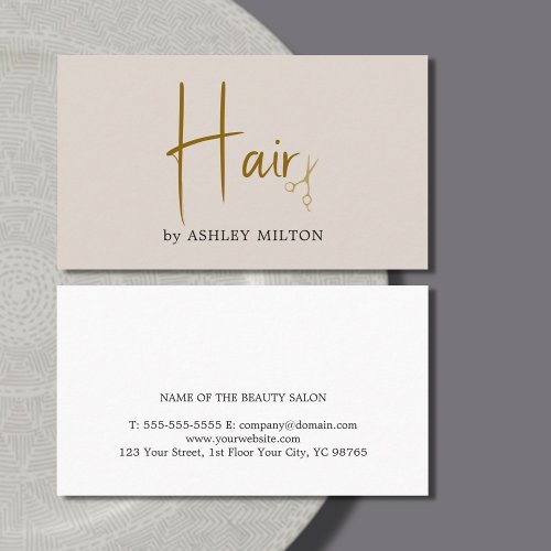 Elegant Pastel Beige Golden Scissors Hair Business Card