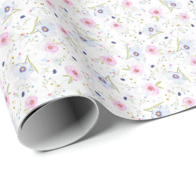 Elegant Pastel Blue and Pink Flowers Floral Wrapping Paper (Roll Corner)