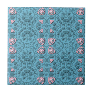 Elegant Pastel Blue and Pink Modern Damask Pattern Ceramic Tile