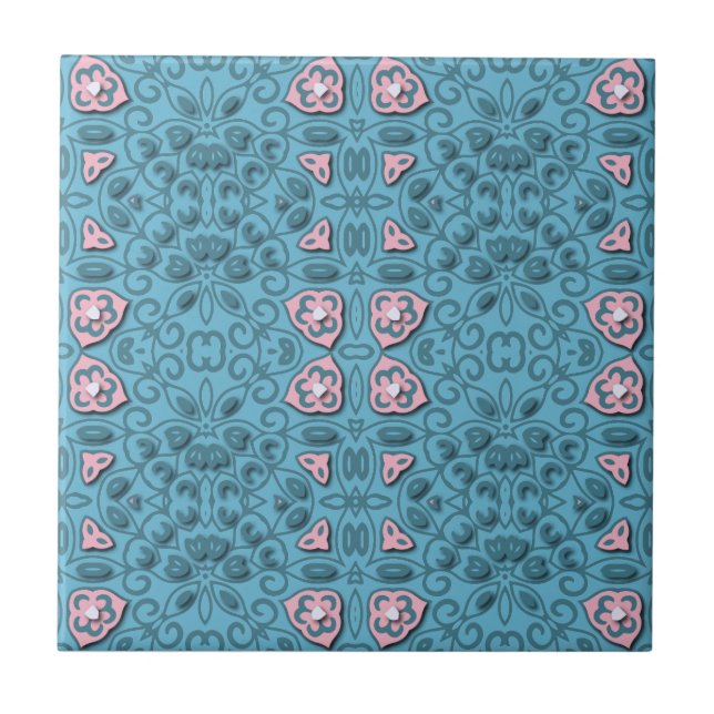 Elegant Pastel Blue and Pink Modern Damask Pattern Ceramic Tile (Front)