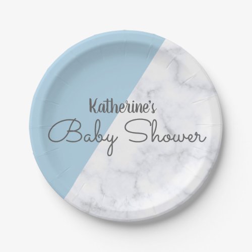 Elegant pastel blue and white marble baby shower paper plates