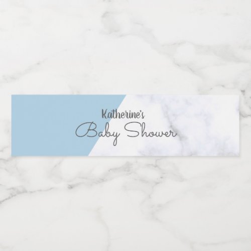 Elegant pastel blue and white marble baby shower water bottle label
