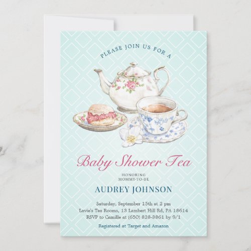 Elegant Pastel Blue Baby Shower Tea Floral Teapot Invitation