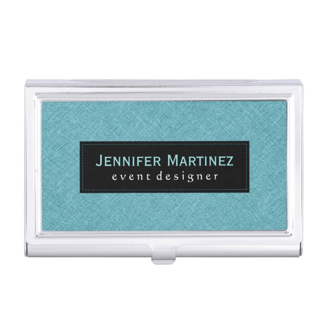 Elegant Pastel Blue Faux Linen Texture Business Card Holder (Front)