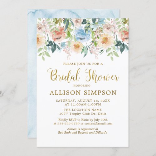 Elegant Pastel Blue Floral Bridal Shower Invitation