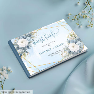 Elegant Pastel Blue Floral Gold Wedding Guest Book