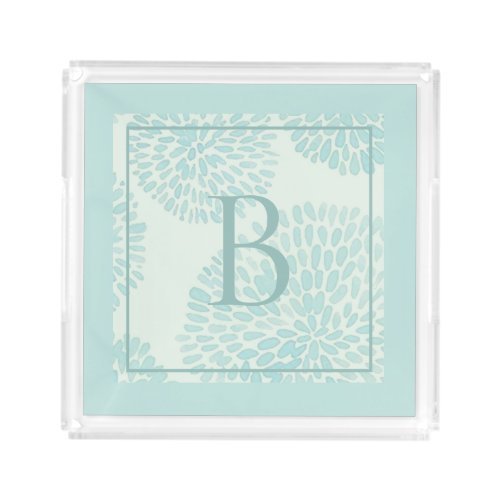 Elegant Pastel Blue Floral Pattern Monogram Acrylic Tray